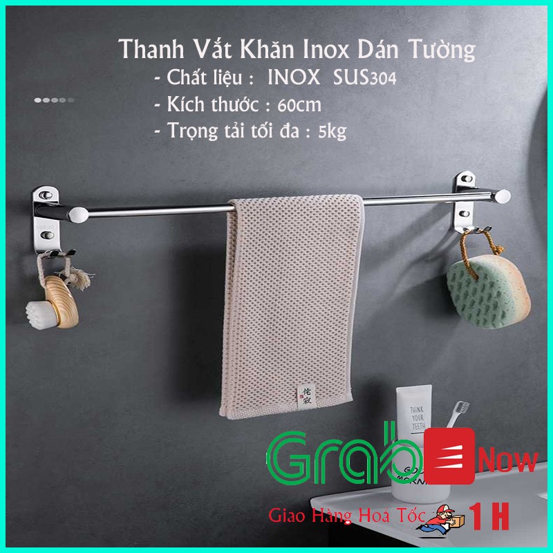 Thanh Inox Treo Khăn Nhà Tắm - Inox SUS 304 - lắp đặt dán tường hoặc khoan tường phù hợp cho mọi bề mặt- kích thước 60cm