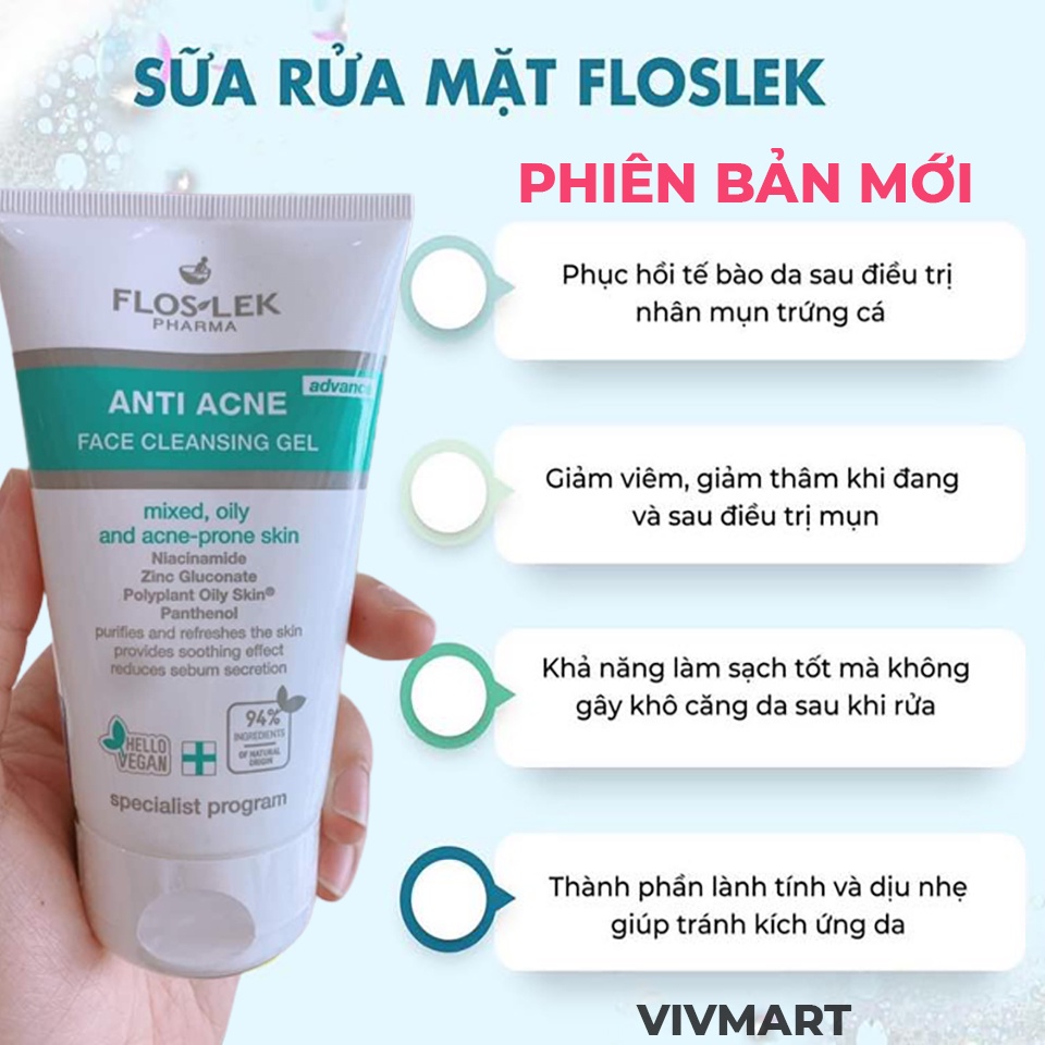 ✅  Sữa Rửa Mặt Floslek Giảm Mụn Cho Da Dầu Mụn Anti Acne Face Cleansing Gel
