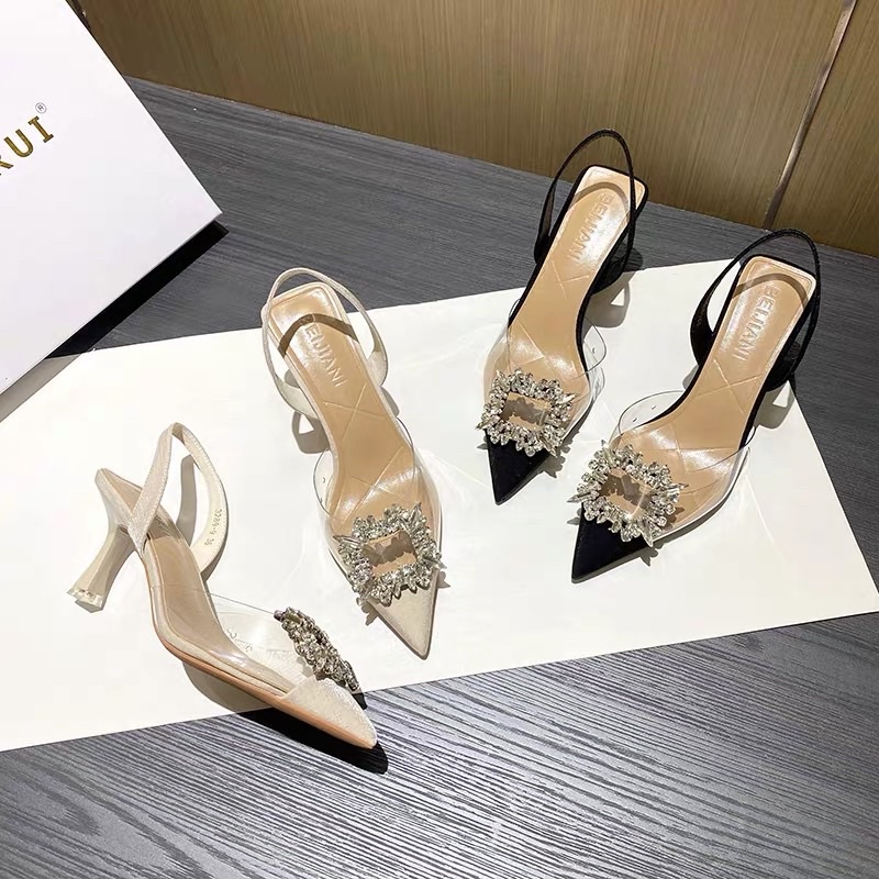 Giày hở quai hậu gót tag đá vuông cao cấp