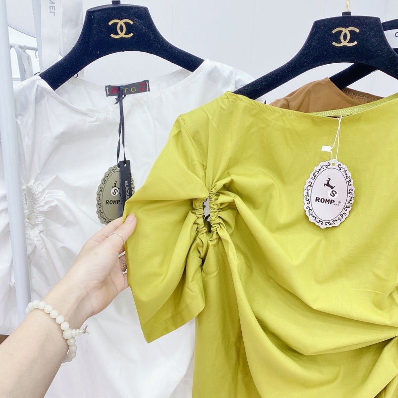 Áo kiểu nhún eo lệch vạt Áo sơ mi chất thô nến tiểu thư sang chảnh