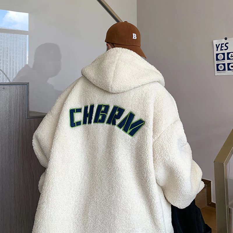 Áo khoác hoodie nhung lông cừu thêu chữ plus size phong cách Hàn Quốc thời trang thu đông cho nam