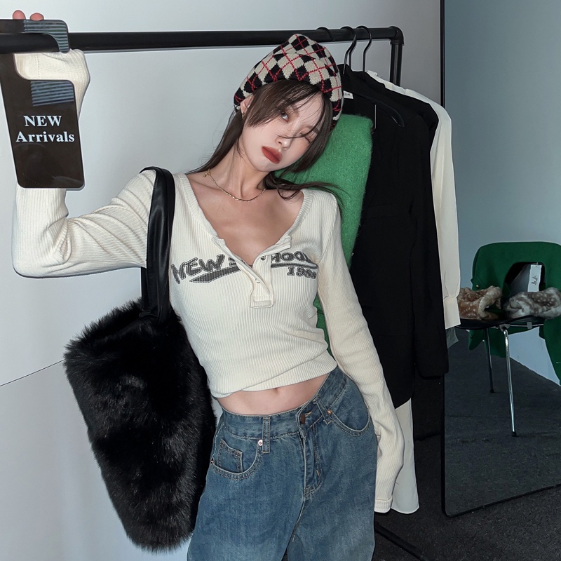 Áo kiểu croptop SUXI tay dài màu trơn phong cách vintage thời trang mới