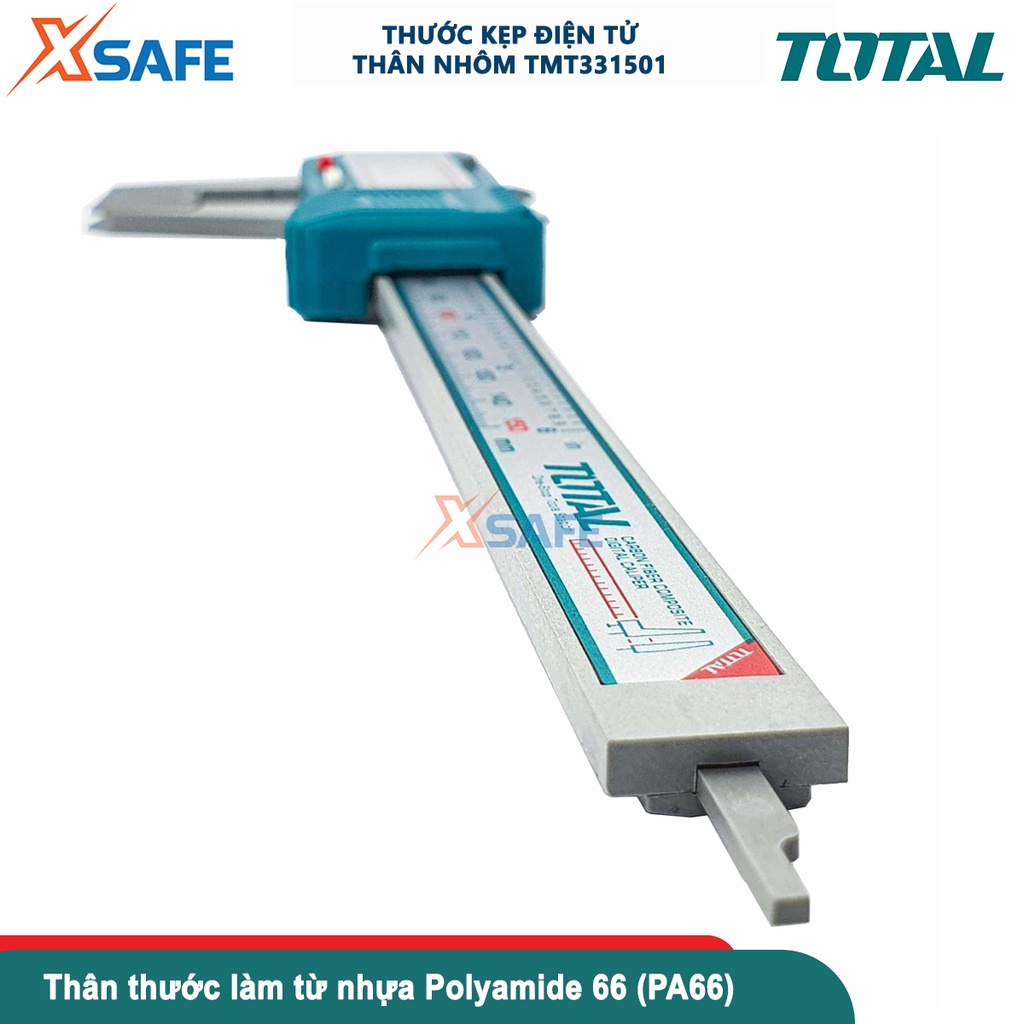 Thước kẹp điện tử TOTAL TMT331501, thước cặp thân nhựa phạm vi đo: 0-150mm, sử dụng pin 3A, thân thước từ chất liệu nhựa