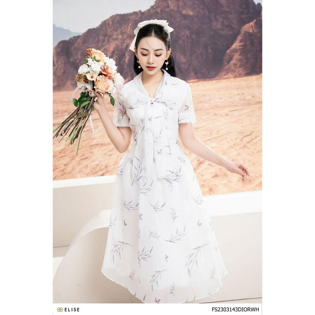 Đầm tơ trắng lavender nơ cổ thiết kế Elise FS2303143DIORWH