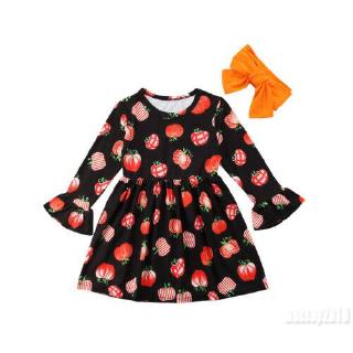 Mu♫-Halloween Kids Baby Girls Pumpkin Long Sleeve Party Dress Headband Outfits 0-5T