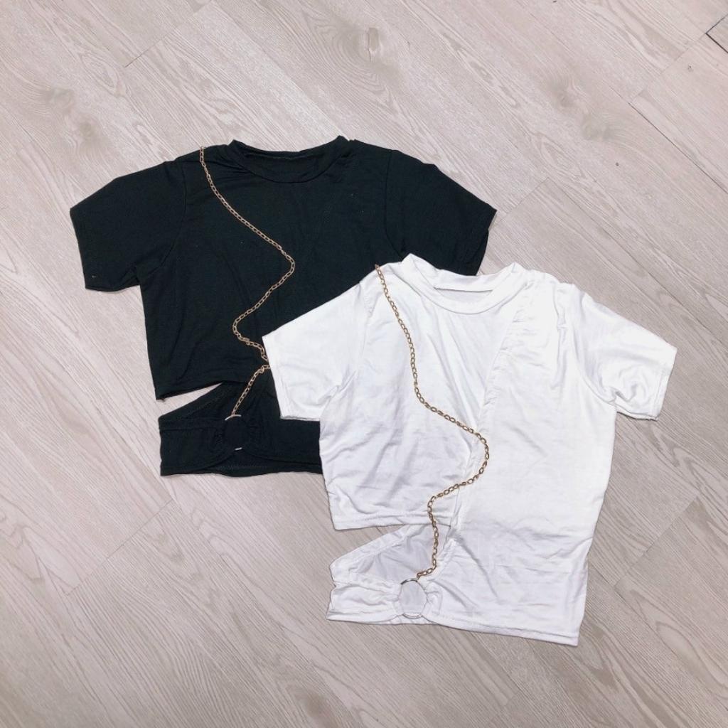 Áo croptop nữ ngắn tay phối khoen kèm xích Xquin, Áo kiểu nữ cổ tròn khoét eo cực tôn dáng