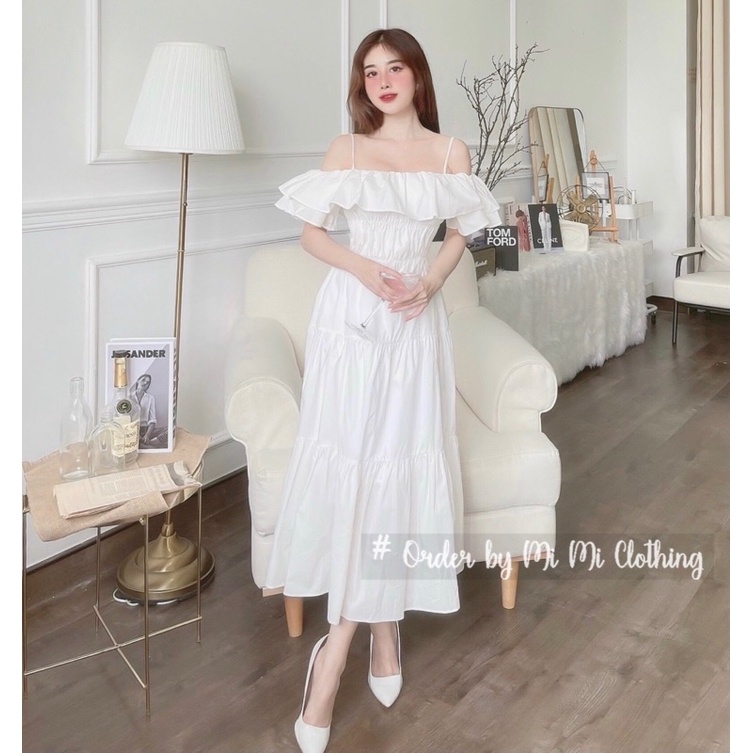 Váy maxi trắng trễ vai bèo nhẹ nhàng tiểu thư