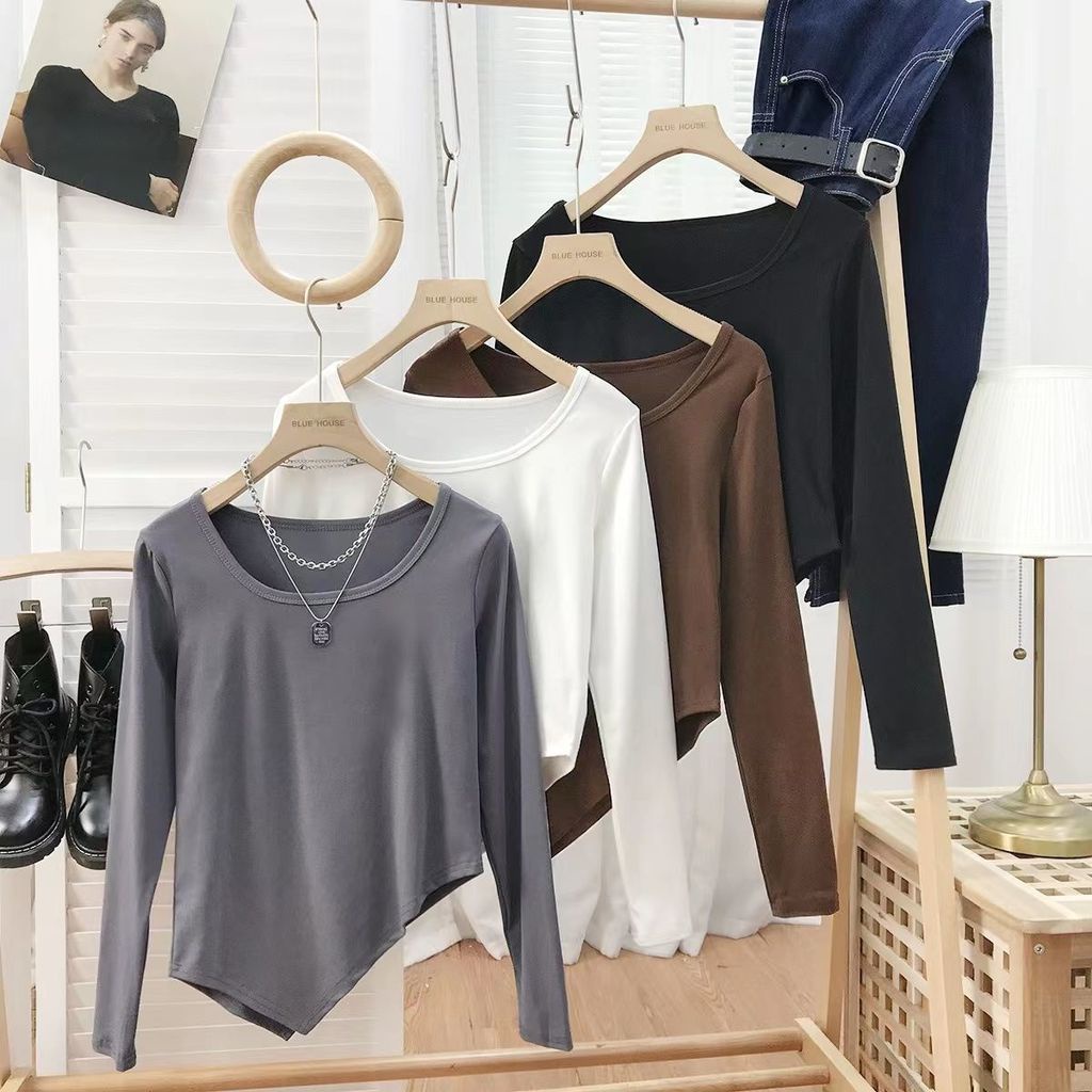 Áo Thun Tay Dài Cổ Tròn Lệch Tà Thời Trang Mùa Thu Cho Nữ