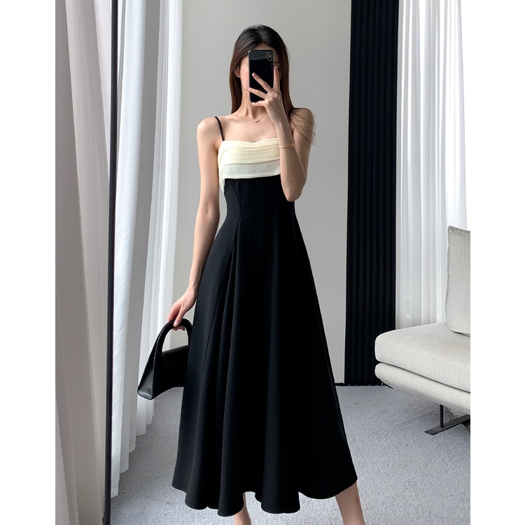 Đầm hai dây IELGY màu đen phong cách mùa hè thời trang thanh lịch cho nữ