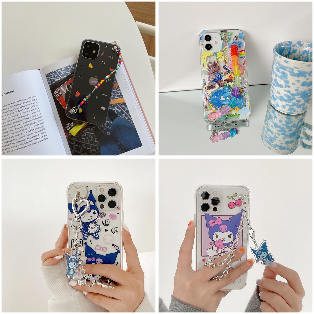 Luxury Cartoons Chain transparent Phone Case For iphone 12 Pro Mini 11 12 pro max  11 pro max  7 8 plus X XR XS Max SE 2020 Soft Bear Pearl Bracelet Clear Protective Cover