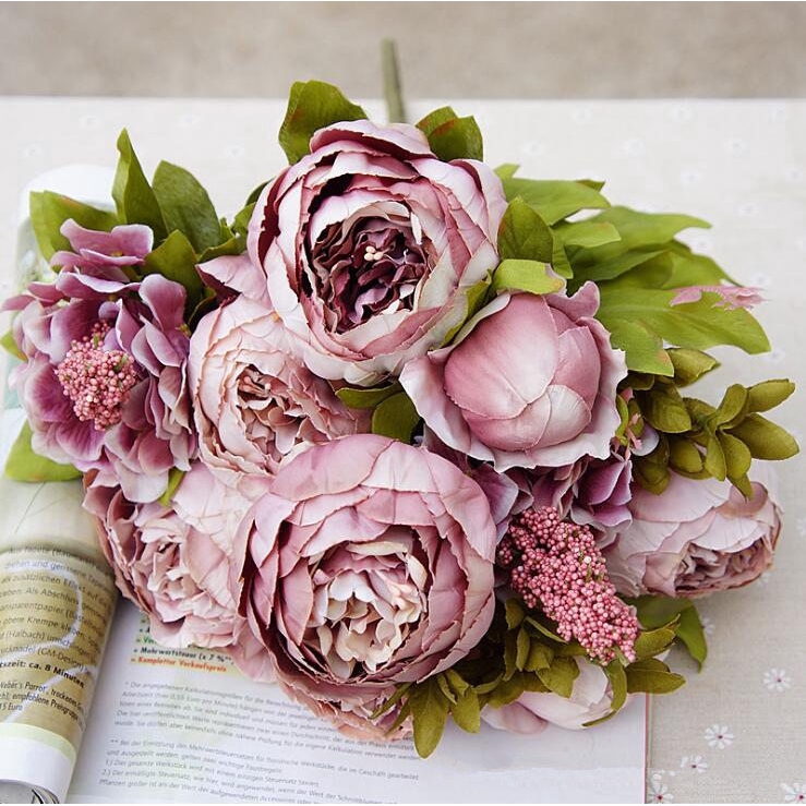 Artificial Peony Silk Fower Artificial Flowers Fall Vivid Peony Fake Leaf Wedding Home Party Xmas Decoration