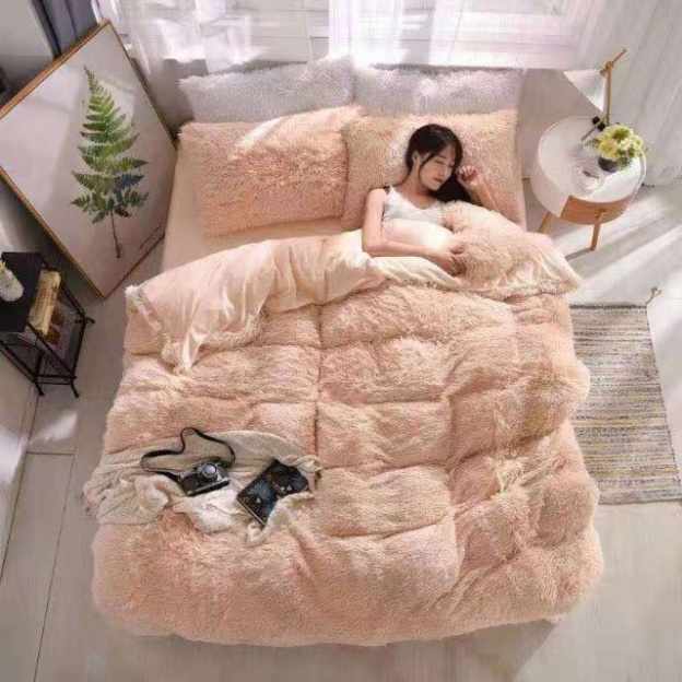Bộ chăn ga gối nỉ nhung lông , sét nỉ lông siêu kute ( Tặng Kèm Gối Tim)