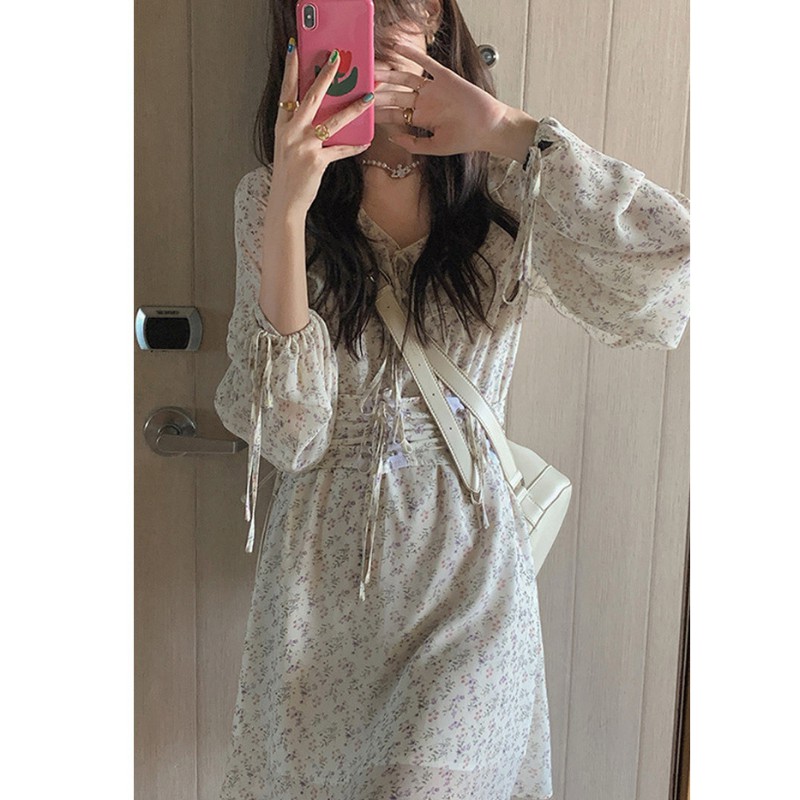 Váy hoa nhí dài tay tiểu thư kèm đai rút eo, Váy hoa vintage kèm đai corset siêu xinh (Có feedback của khách)