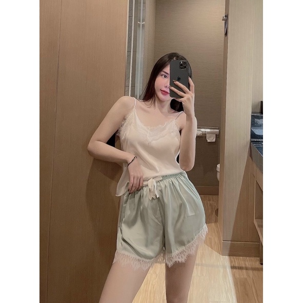 Set ngủ 2 dây lụa phối ren sexy cao cấp