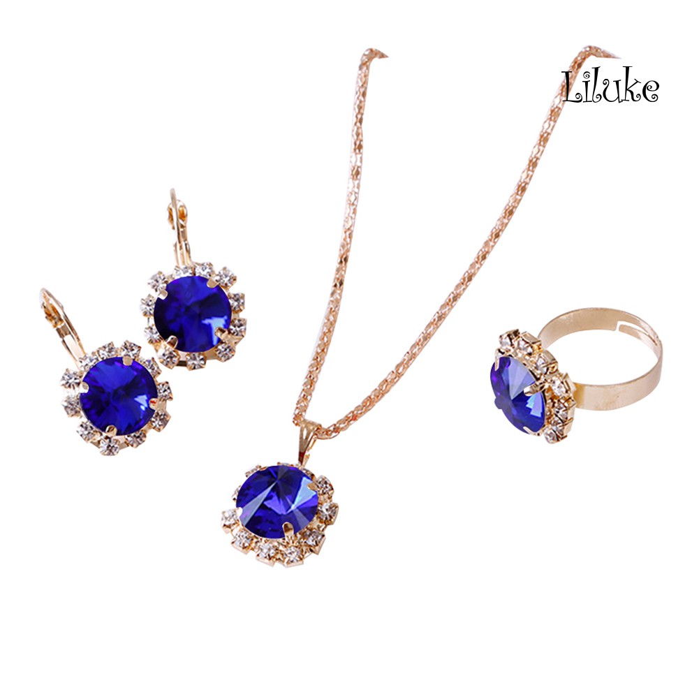 Bộ Vòng cổ + Nhẫn + Đôi Khuyên Tai Mặt Kim Cương Giả Sang Trọng Thời Trang Cho Nữ