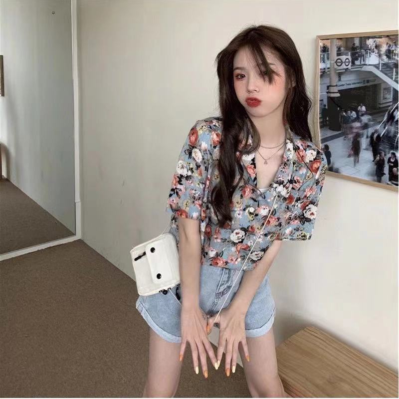 SUXI Áo sơ mi tay ngắn cổ chữ V hoạ tiết hoa thời trang phong cách retro