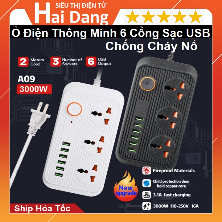 Ổ Điện Thông Minh A09 Tích Hợp 6 Cổng USB, Hỗ Trợ Sạc Nhanh Cho Điện Thoại QC3.0 - IC Chống Cháy Nổ 3000W - Bảo Hành 24T