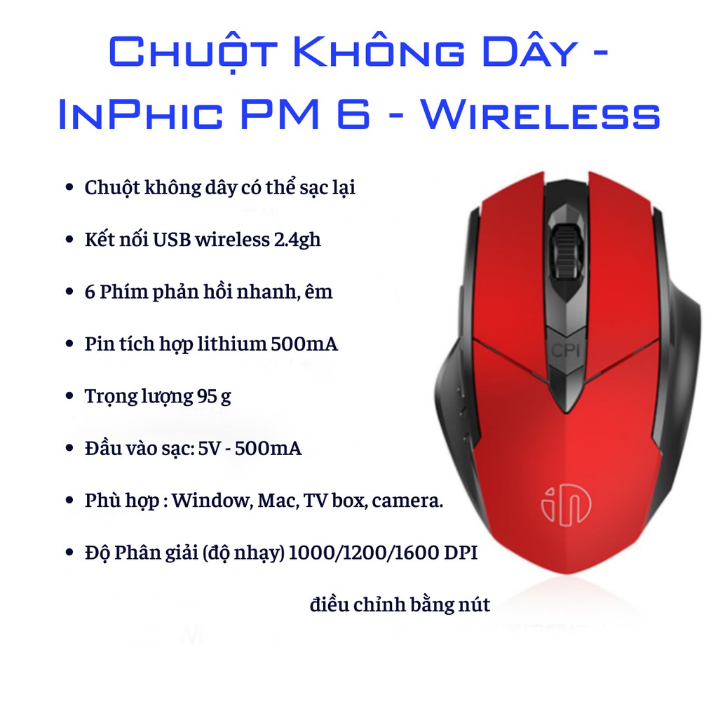 [ Free Ship ] Chuột Không Dây Siêu Êm INPHIC PM6 - Không Cần Thay Pin - Pin Sạc - Cao Cấp