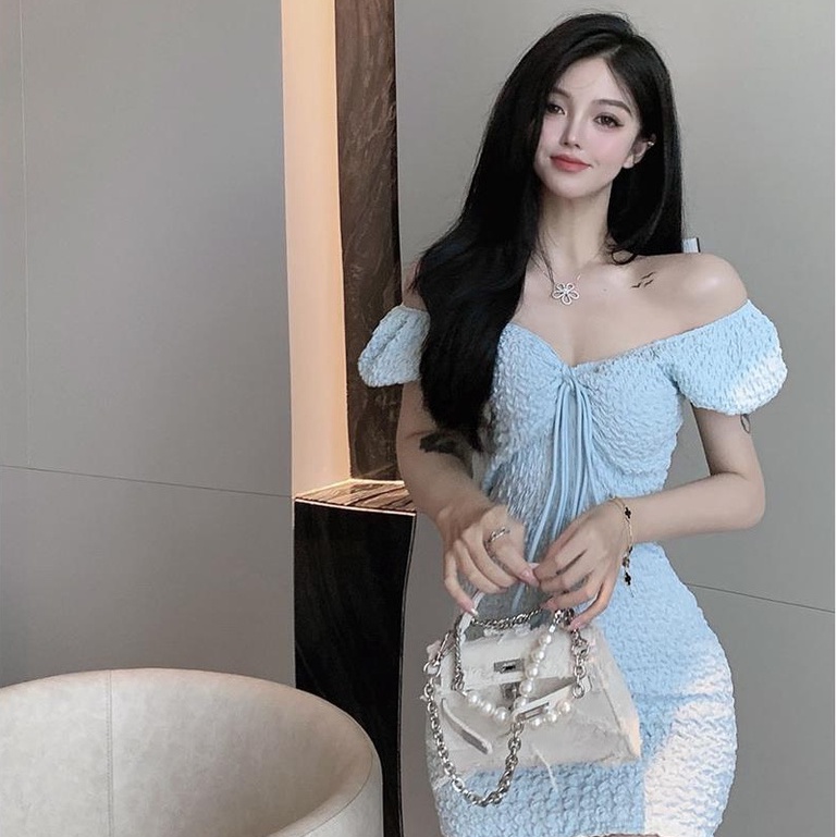 [MURIOKI] Đầm Tay Ngắn Phồng Cổ Chữ V Hở Lưng Ôm Dáng Thời Trang Hàn Quốc Cho Nữ