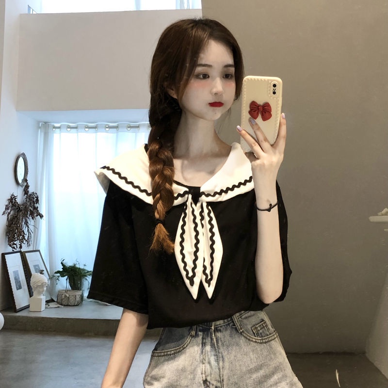 Áo thun ngắn tay cổ thủy thủ xinh xắn dành cho nữ
