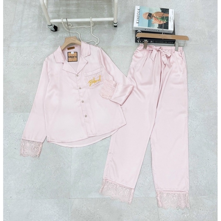 [Hàng mới ❤️‍Dưới 62kg] Bộ pijama mặc nhà LỤA LATIN tay dài phối ren túi thêu chuẩn thiết kế QCCC