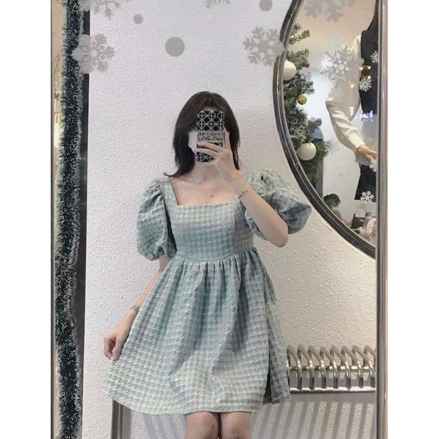 Đầm babydoll cổ vuông tay phồng, đầm hở lưng nữ tính