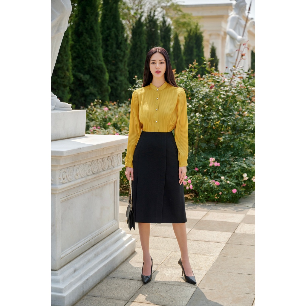 Áo sơ mi tơ tằm vàng dập li toàn thân HUONG BOUTIQUE HBSM951