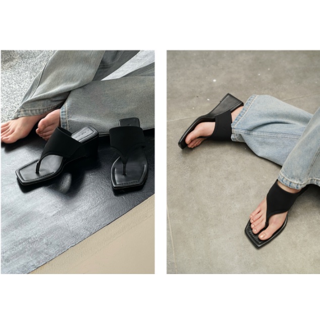 Dép Sandal Kẹp Ngón Kokia Air Lycra Dệt Kim Da Cừu Màu Đen