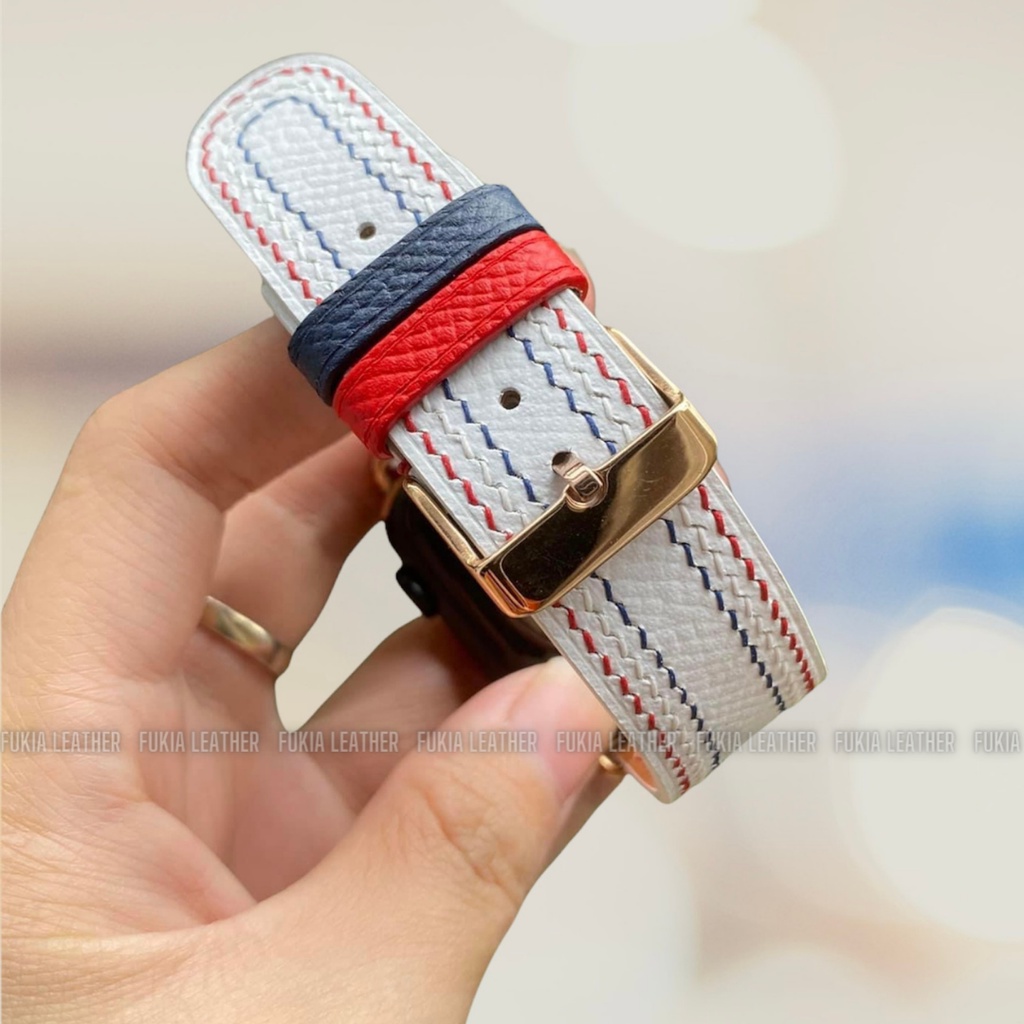 Dây da thủ công Epsom Trắng mix màu hoạ tiết Thom Browne dành cho Apple Watch, đồng hồ thông minh, đồng hồ cơ