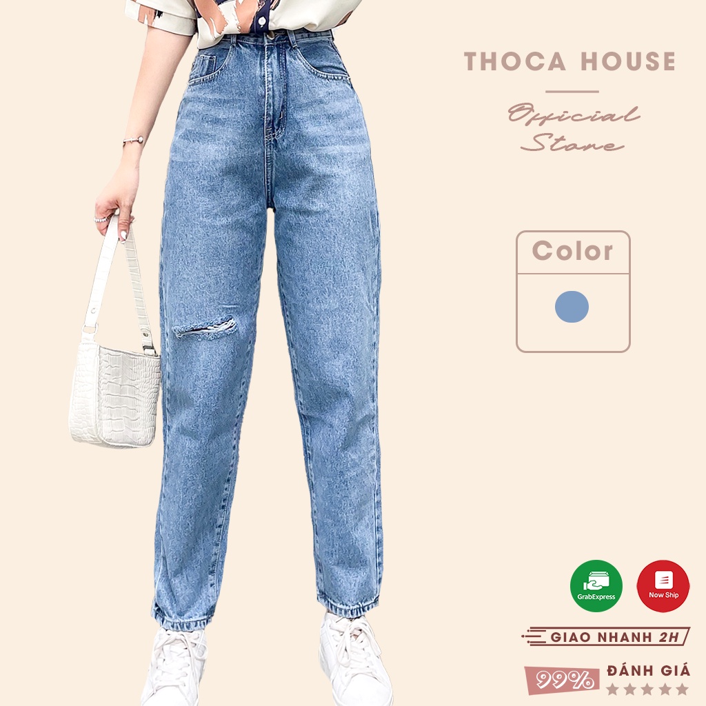 Quần jean nữ baggy lai wax rách gối 371 THOCA HOUSE xanh đậm trẻ trung, hiện đại chuẩn form dày dặn
