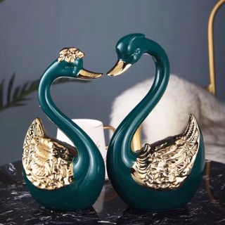 Đôi Thiên nga sứ Decor mạ vàng xanh Bắc Âu