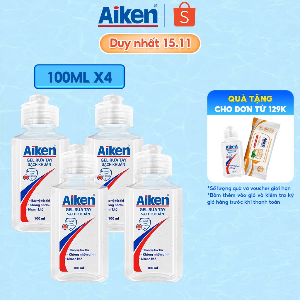 Aiken Combo 4 Gel rửa tay sạch khuẩn 100ml/chai