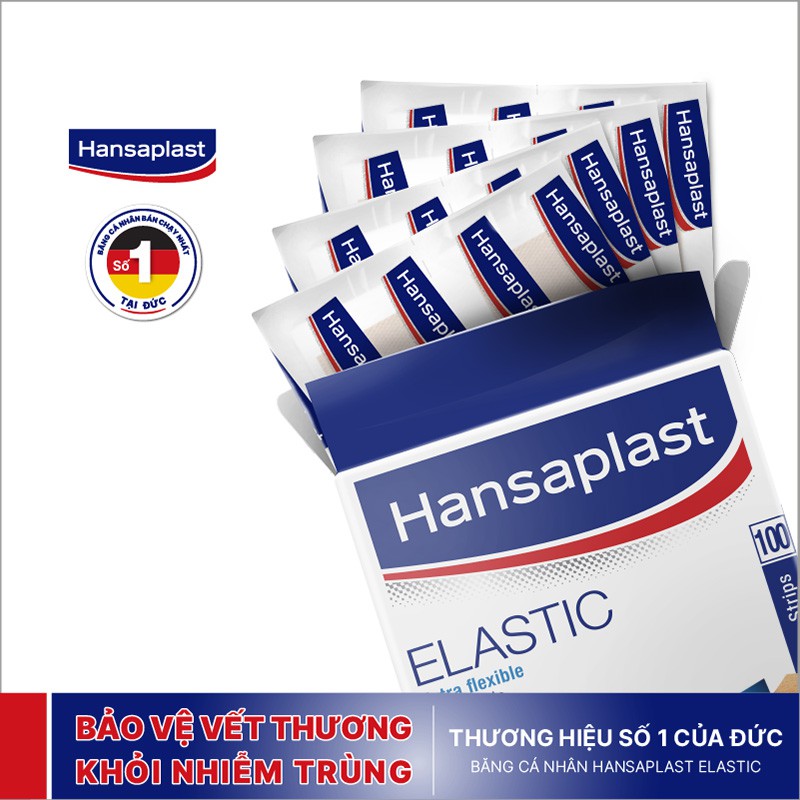 Băng cá nhân Hansaplast Elastic gói 100 miếng, bằng vải co giãn và cực kỳ thoáng khí, thương hiệu số 1 của Đức