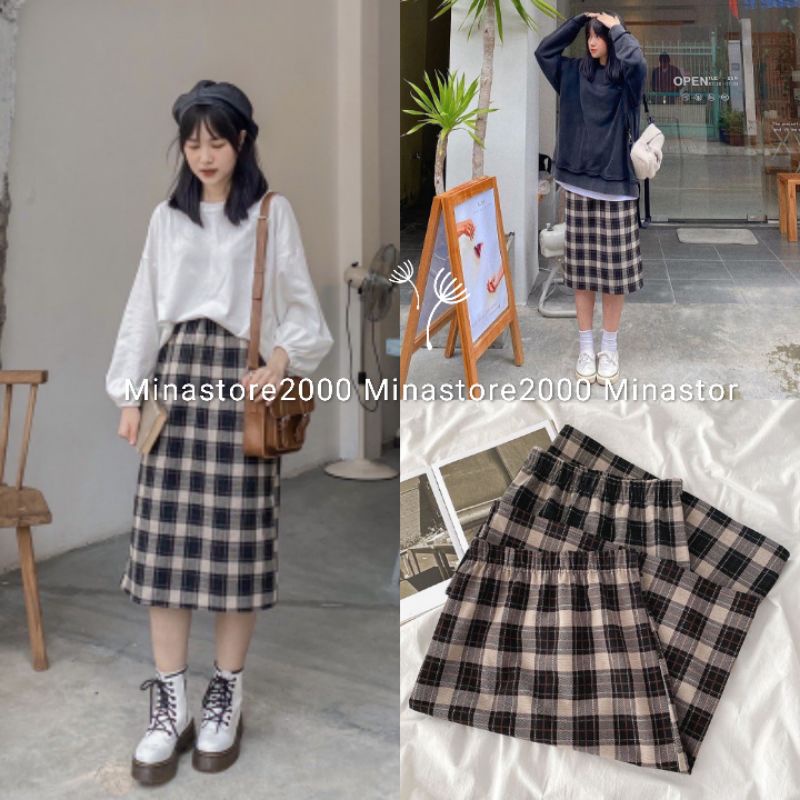 (Sẵn/Ảnh thật/Video) Chân váy dạ kẻ caro Ulzzang cạp chun 2 màu Nâu/Đen