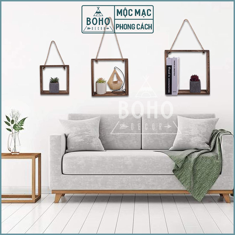 Kệ Treo Tường BOHO DECOR, Kệ Trang Trí Nhà Cửa Phong Cách, Độc Đáo, Gỗ Thông Tự Nhiên Set 3 Kệ Vuông