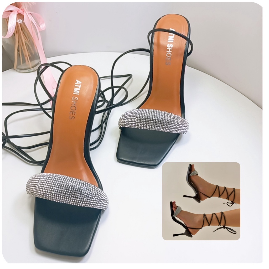 giày nữ cao gót 9cm chiến binh cột dây quai ngang đính đá mẫu mới sang chảnh đi chơi đi tiệc