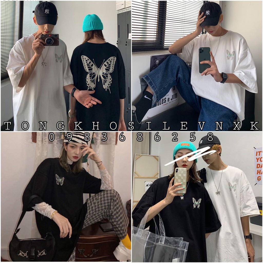 ÁO THUN UNISEX TAY LỠ HOẠ TIẾT BƯỚM TRẮNG ĐEN FORM TO