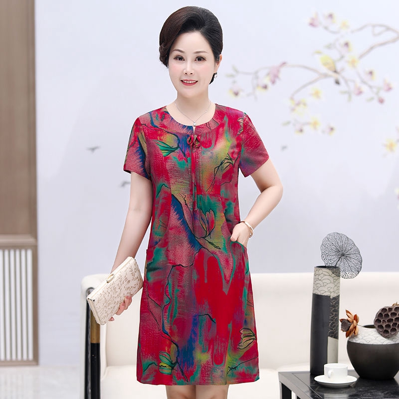 Đầm Cotton Lụa Tay Ngắn Dáng Rộng Thời Trang Mùa Hè Mới Cho Phụ Nữ Trung Niên 50 Tuổi