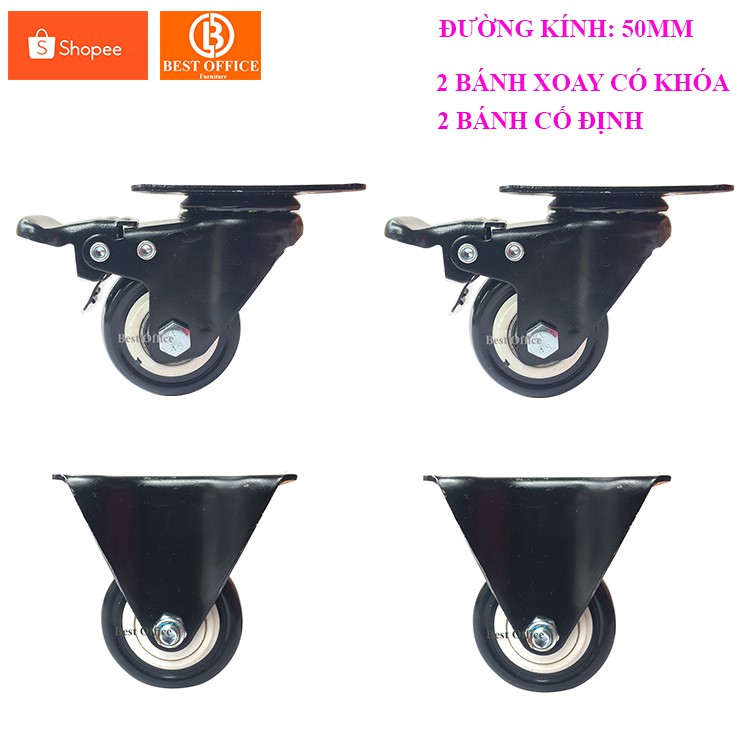 Bộ 4 bánh xe đẩy hàng (2 xoay có khóa - 2 cố định) loại tốt Kt 50x25 mm - Tải trọng 150kg - Di chuyển đa mặt sàn