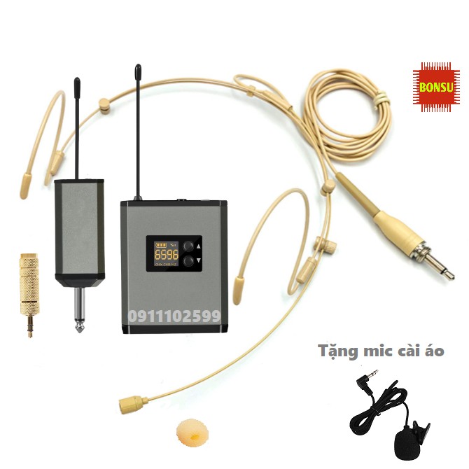 Micro không dây đeo tai hạt gạo màu da dùng pin sạc, sóng UHF