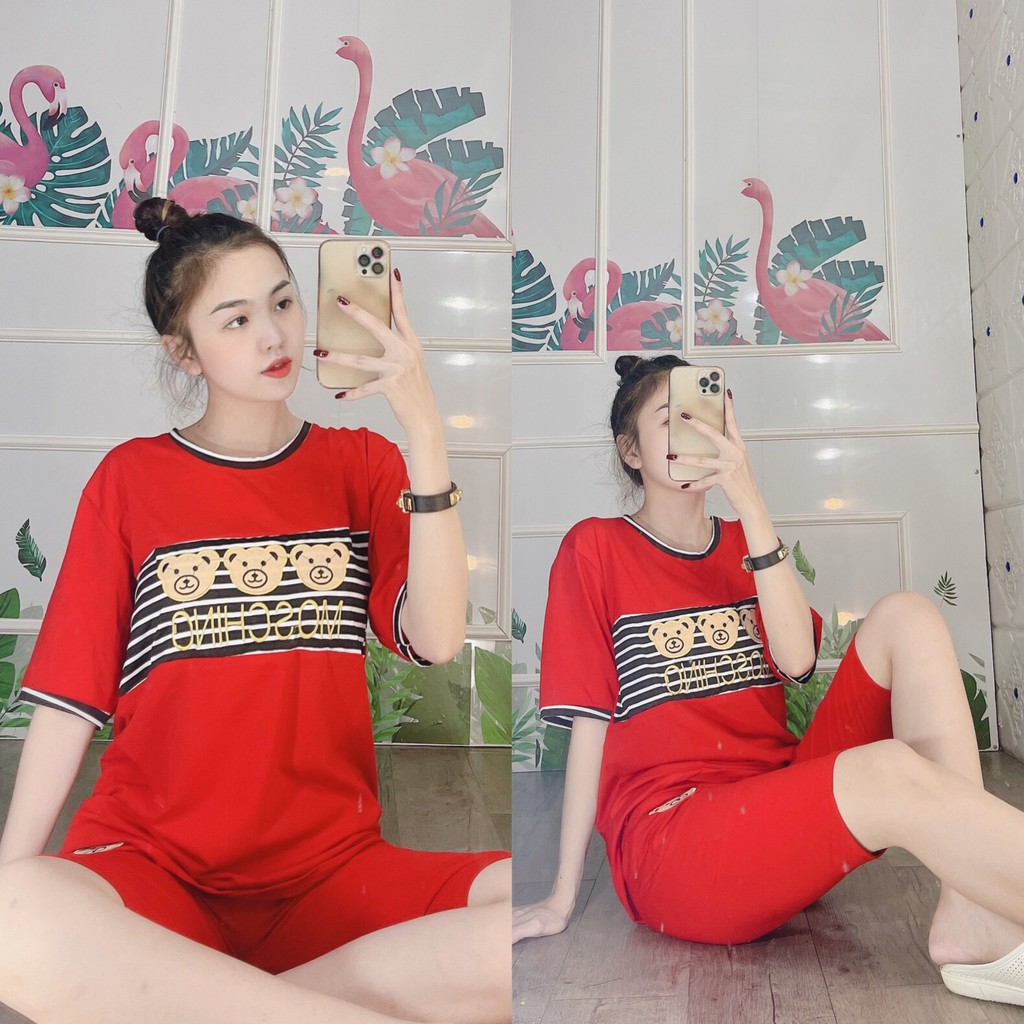 Đồ bộ nữ quần lửng áo thiêu gấu, set mặc nhà chất liệu cotton