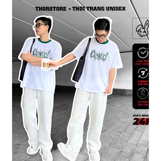 Áo thun tay lỡ nam nữ,thiết kế cổ xanh in hình Cowgirl