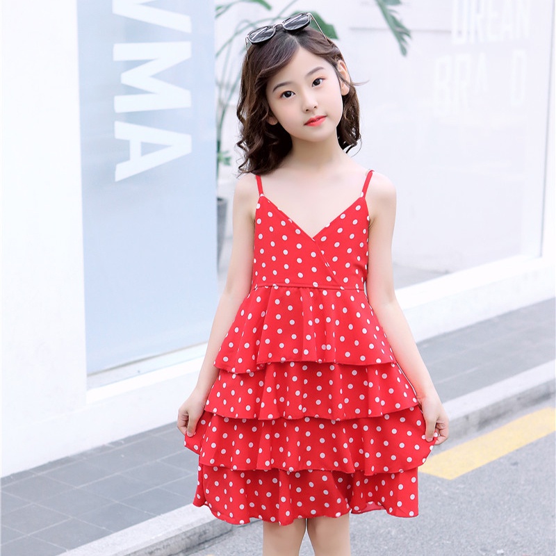 váy cho cô gái polka chấm trẻ em sling váy trẻ em quần áo AKKU