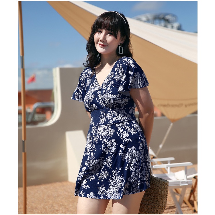 Bộ đồ bơi nữ liền thân quần váy size lớn 50 55kg họa tiết hoa che bụng tôn dáng