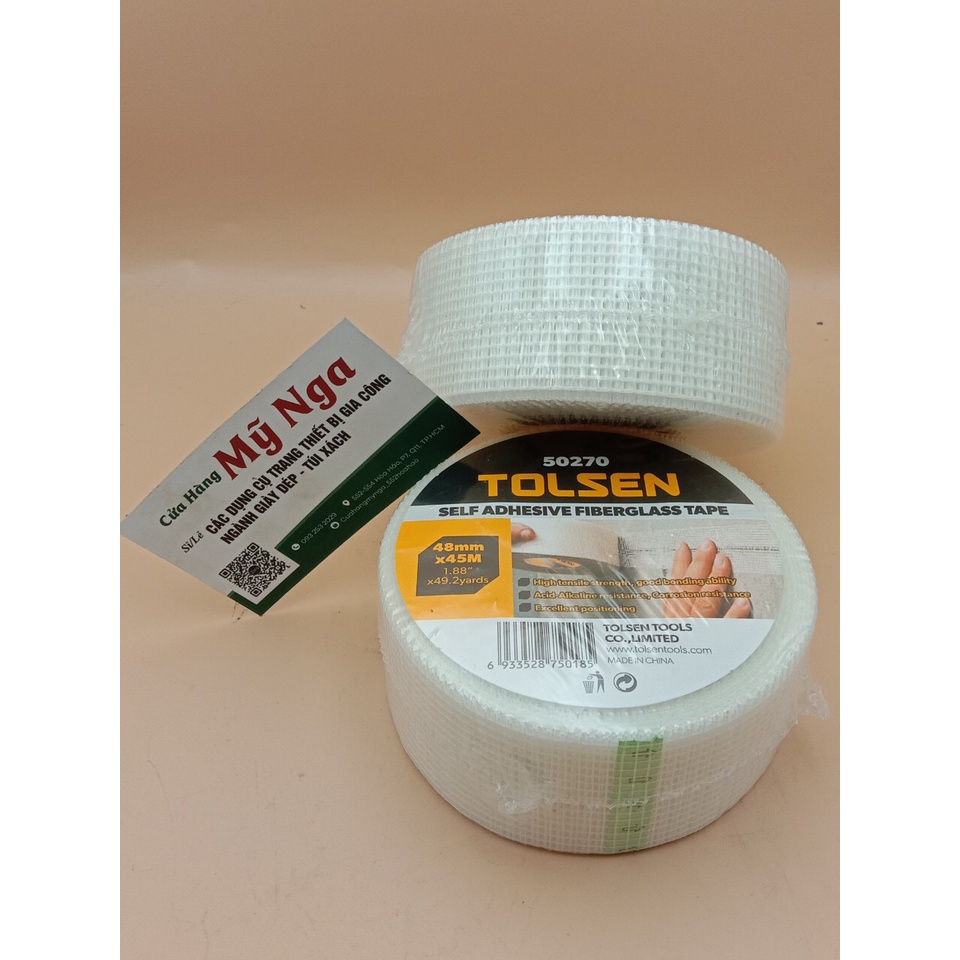 Băng keo dính dạng lưới thạch cao Tolsen 50270 cấu tạo bởi sợi thủy tinh chịu kéo giãn tốt