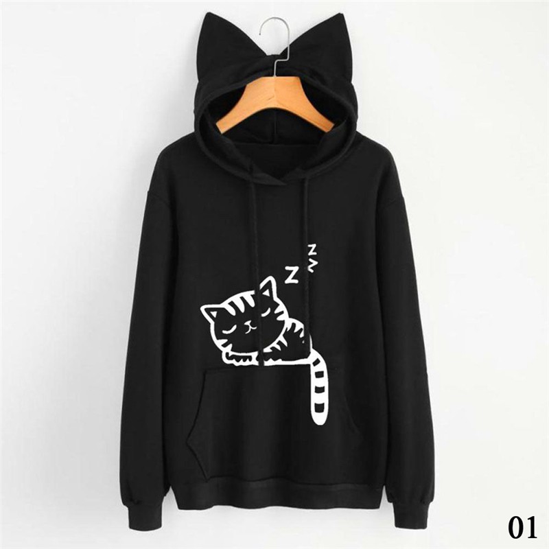 Áo hoodie nữ phối tai mèo và in hình mèo thời trang xinh xắn