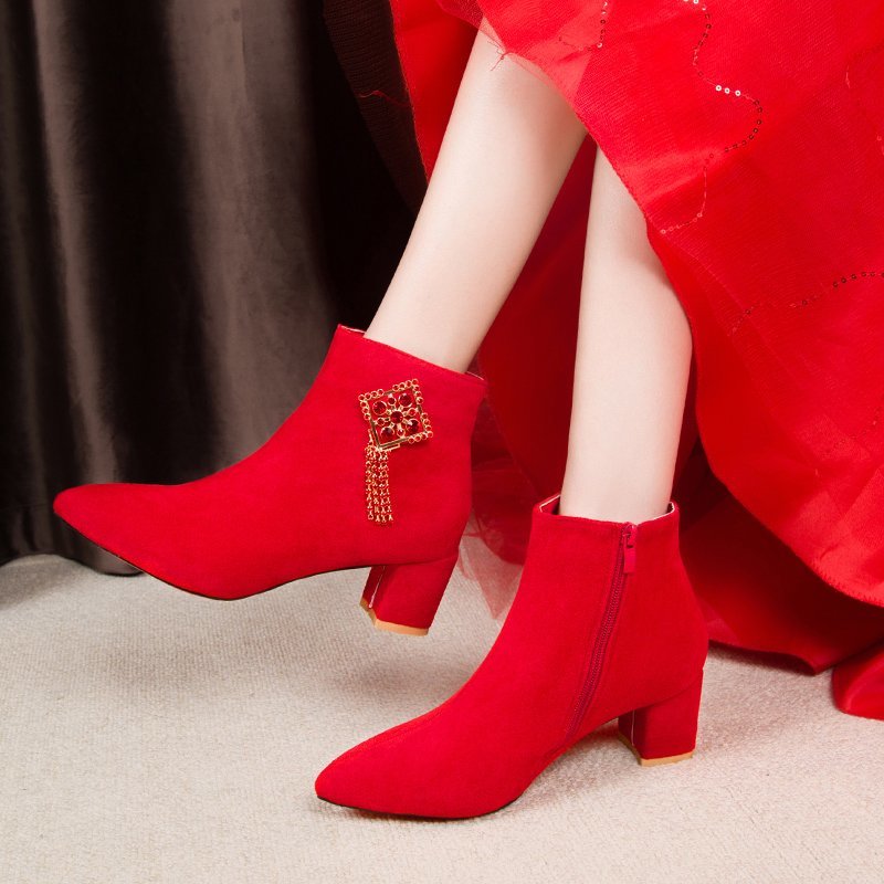 Giày bốt cao gót tùy chọn họa tiết phối tua rua thời trang Trung Hoa dành cho nữ