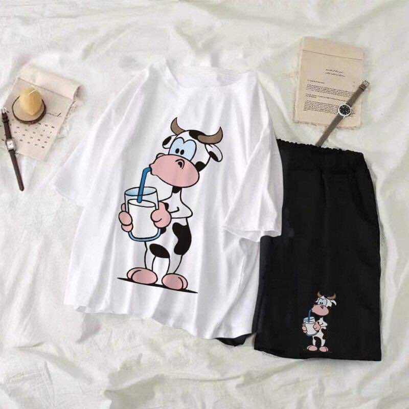 Sét áo in các hình bò sữa + quần ngố 5d H2D537