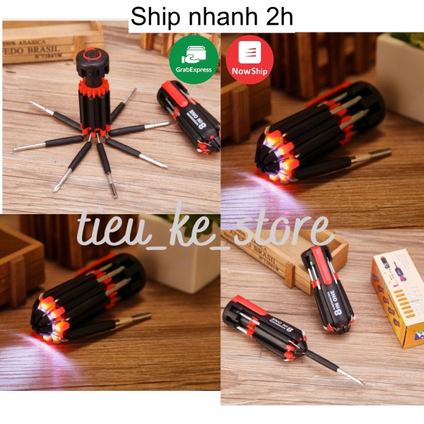 Tô vít đa năng 8in1 tích hợp đèn led, xoáy được 8 loại đầu vít thông dụng, chất liệu hợp kim thép cao cấp, chắc chắn