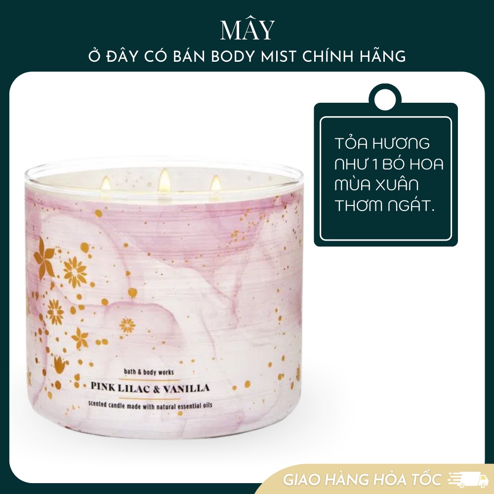 ( CHÍNH HÃNG ) Nến thơm 3 Bấc Bath Body Works 411g mùi PINK LILAC & VANILLA mùi ấm áp, mộc mạc